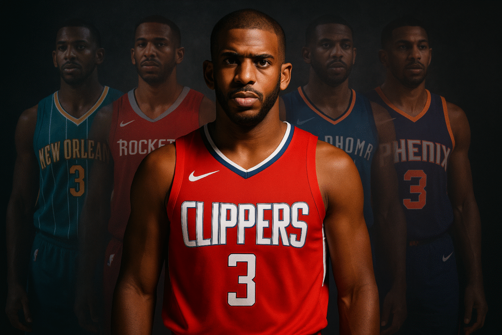 Chris Paul in LA Clippers jersey number 3, NBA basketball player portrait for championship analysis article