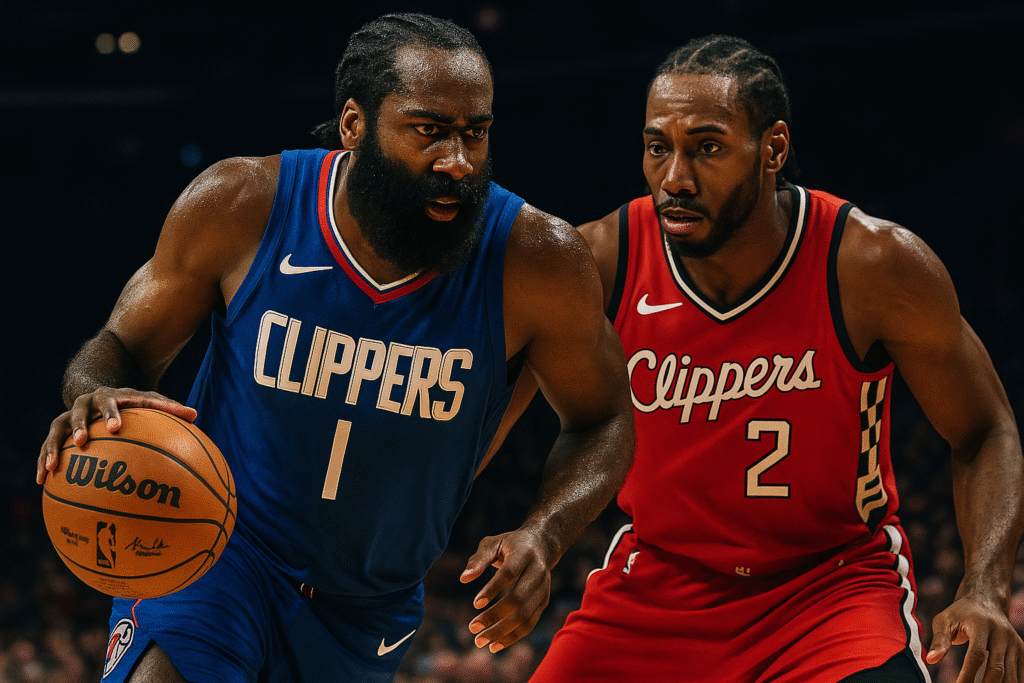 Los Angeles Clippers stars James Harden and Kawhi Leonard in team uniforms during NBA season, representing championship aspirations