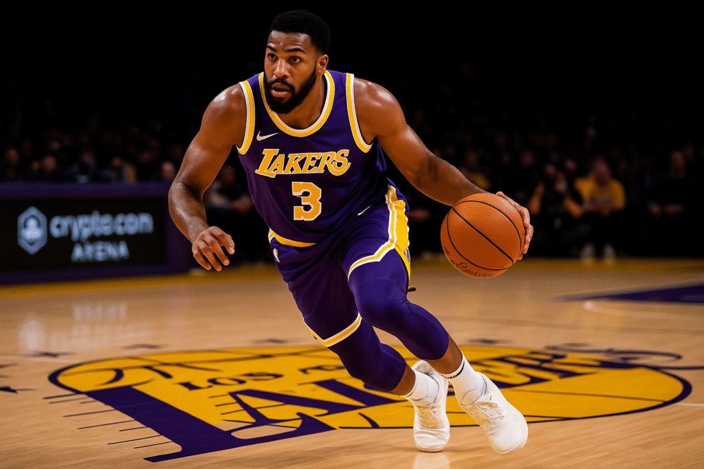 Los Angeles Lakers player #3 dribbling basketball on court at Crypto.com Arena during NBA season