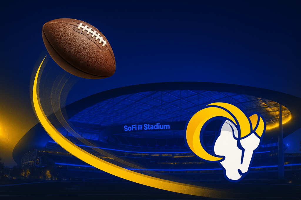 An American football with the Los Angeles Rams logo and So-Fi Stadium text on a dark background.