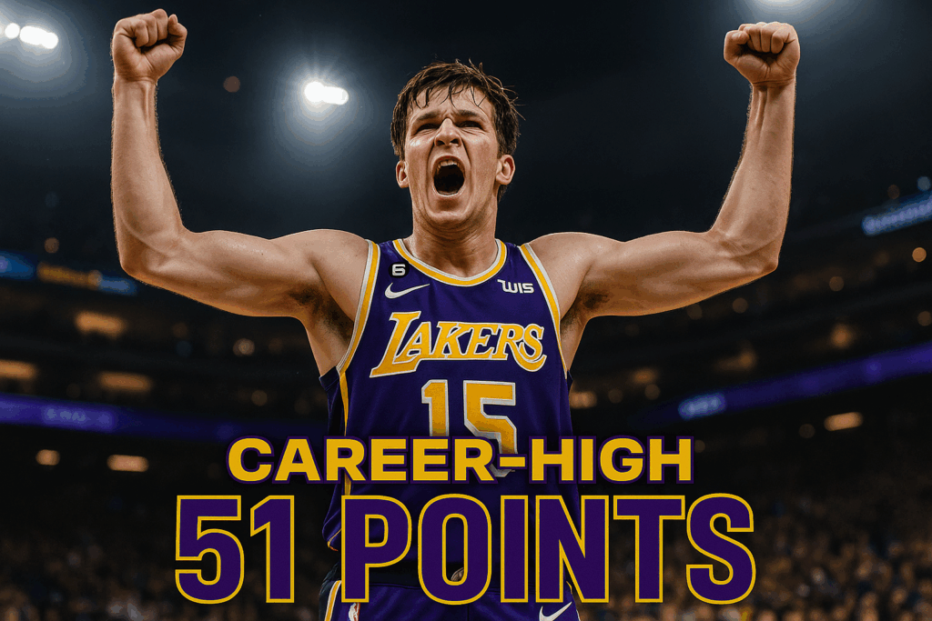 Lakers player celebrates scoring 51 points in a game.