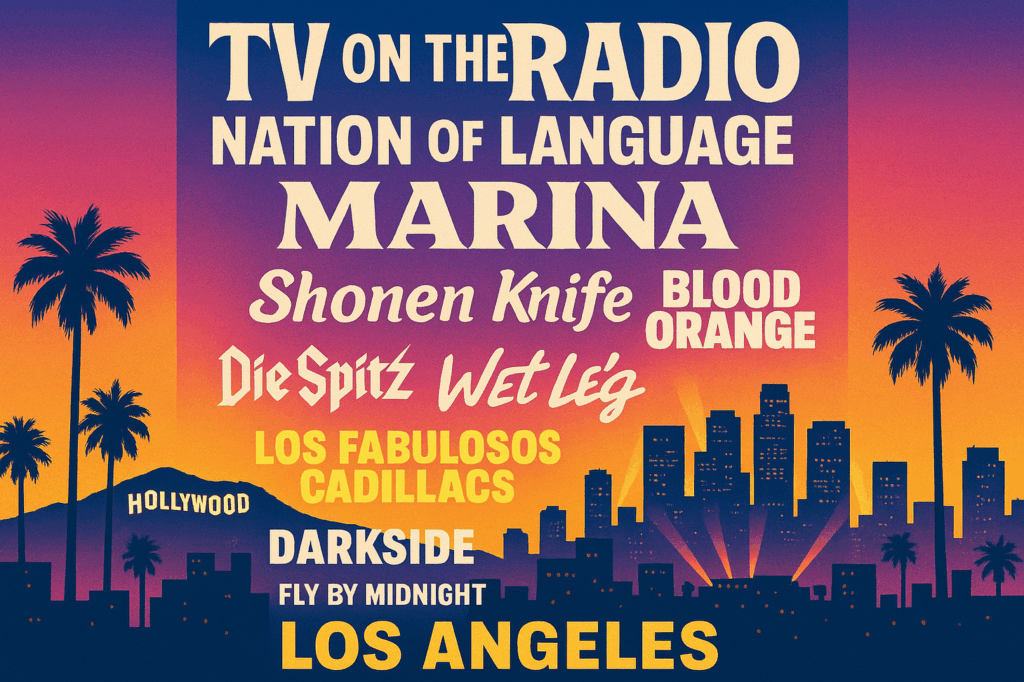Concert poster featuring bands and Los Angeles skyline.