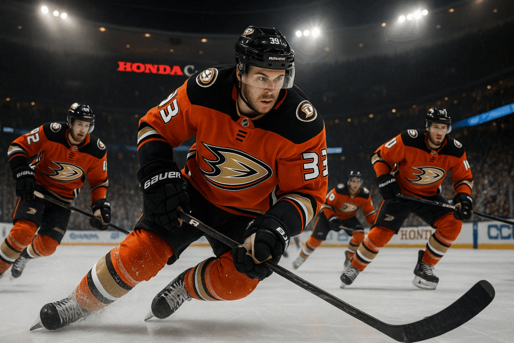 Anaheim Ducks hockey player in action during a game.
