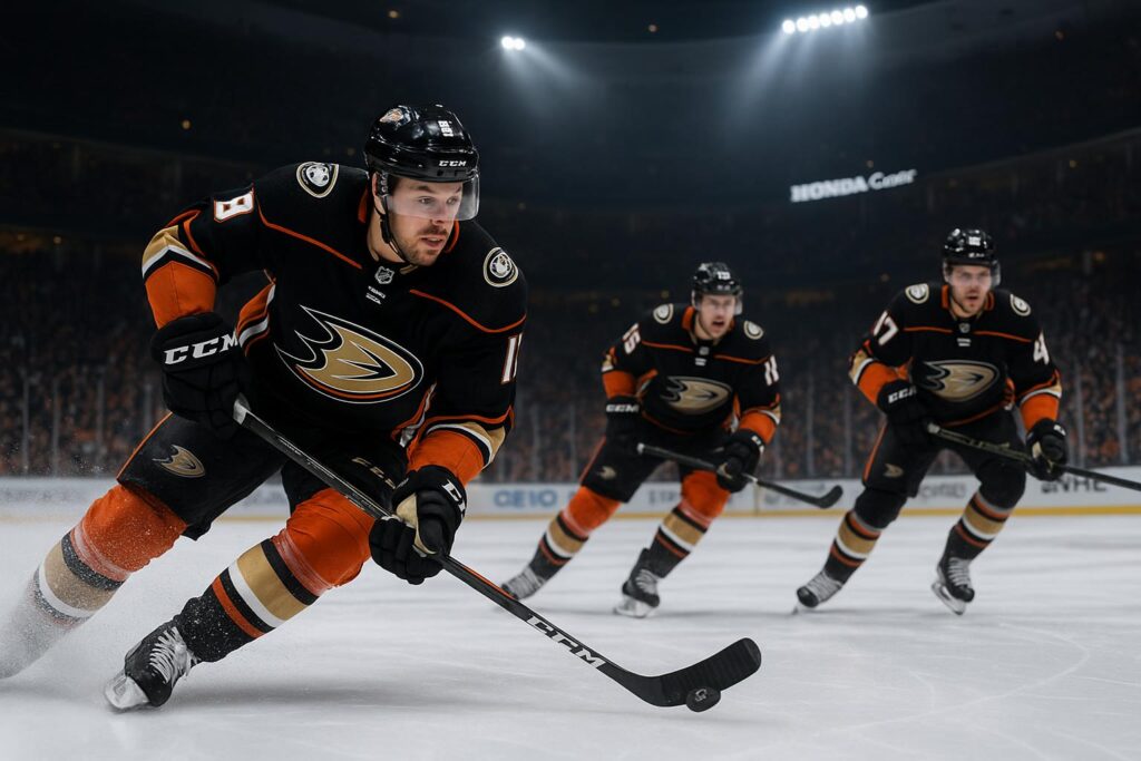 Anaheim Ducks players in action during hockey game