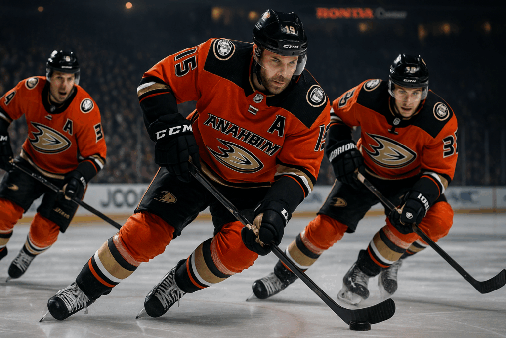 Two Anaheim Ducks hockey players skating on the ice during a game.