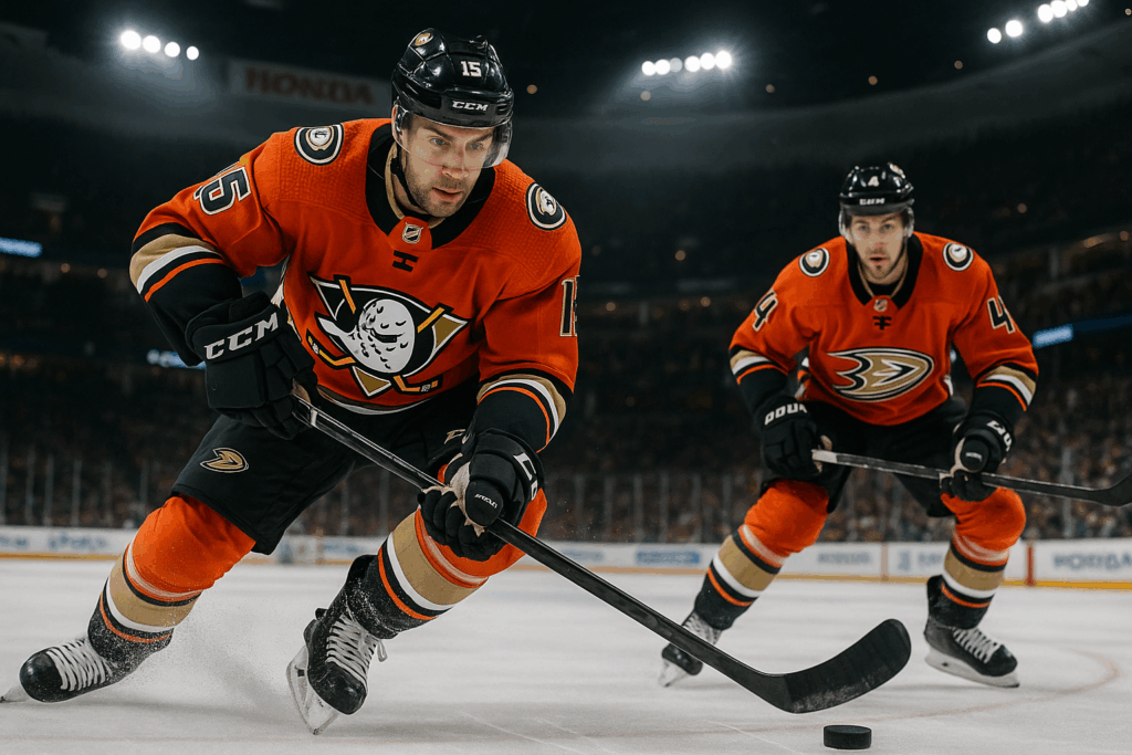 Two Anaheim Ducks players skating and handling the puck in a hockey game.