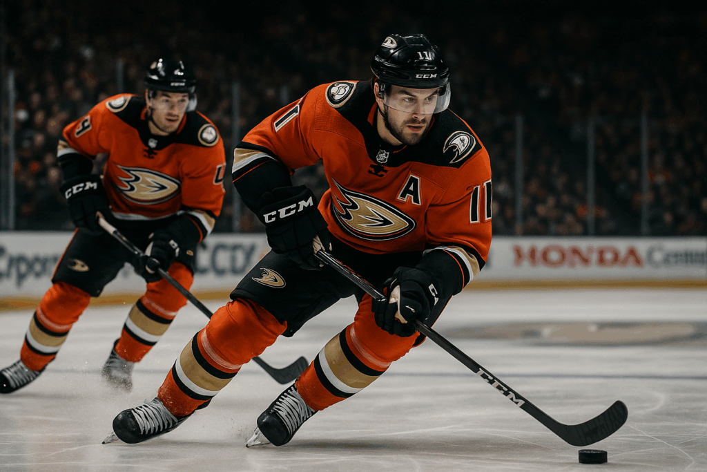 Anaheim Ducks hockey player skating with puck.