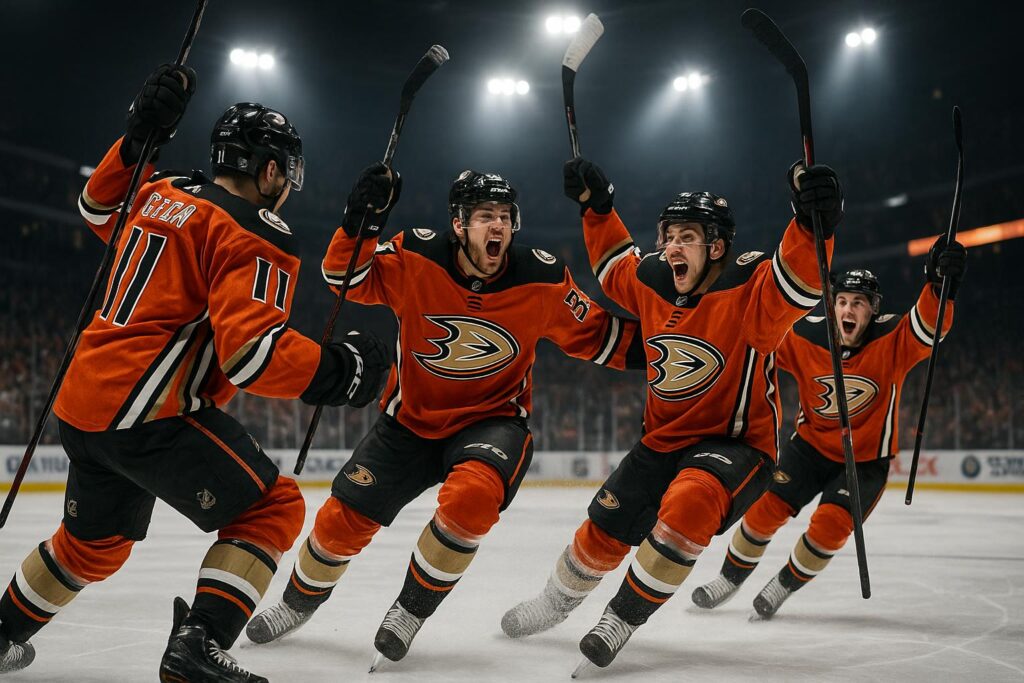 Hockey players celebrating a goal on ice rink.