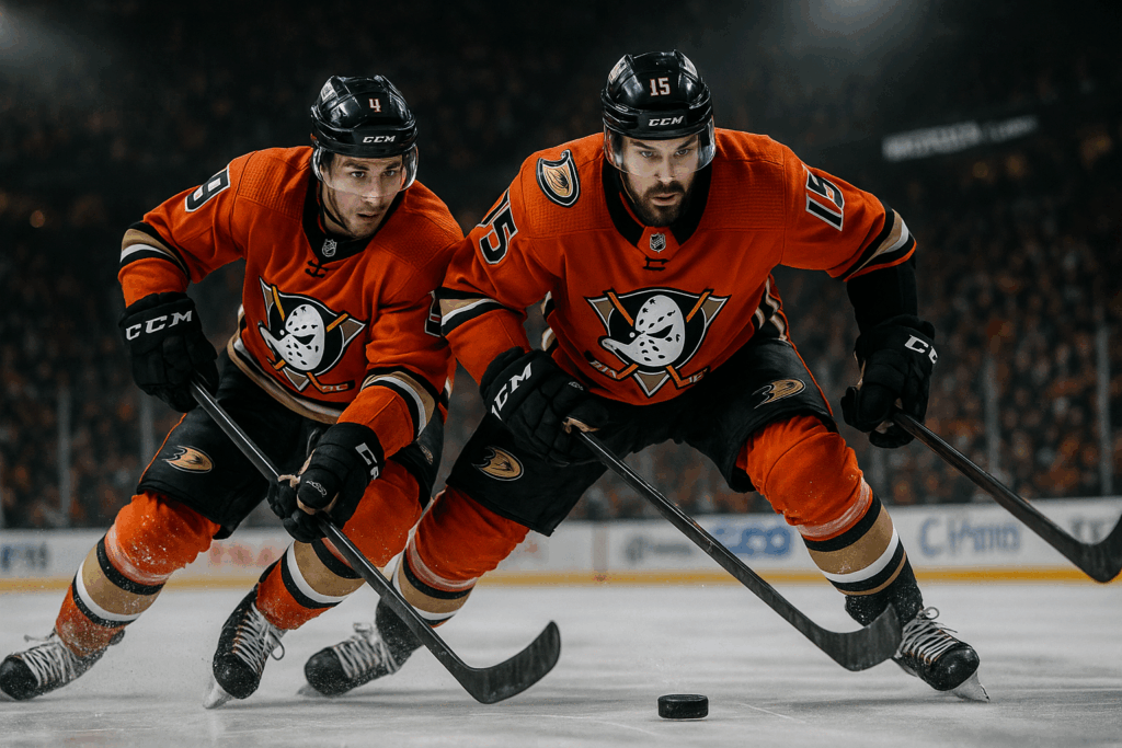 Two hockey players in orange uniforms intensely chasing the puck on ice.