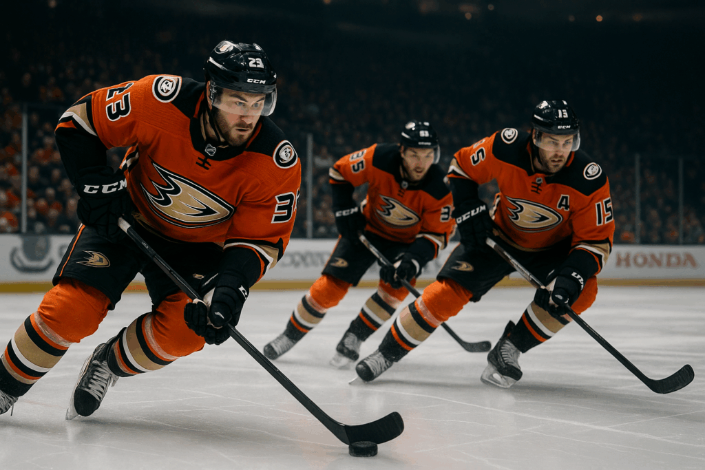 Anaheim Ducks players in action during an NHL hockey game