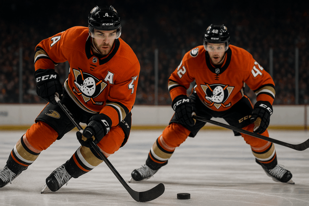 Anaheim Ducks players in action during a game, showcasing the team's dynamic young core under Coach Joel Quenneville