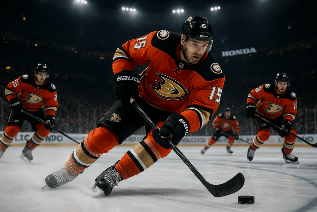 Anaheim Ducks player in action on ice during a hockey game.