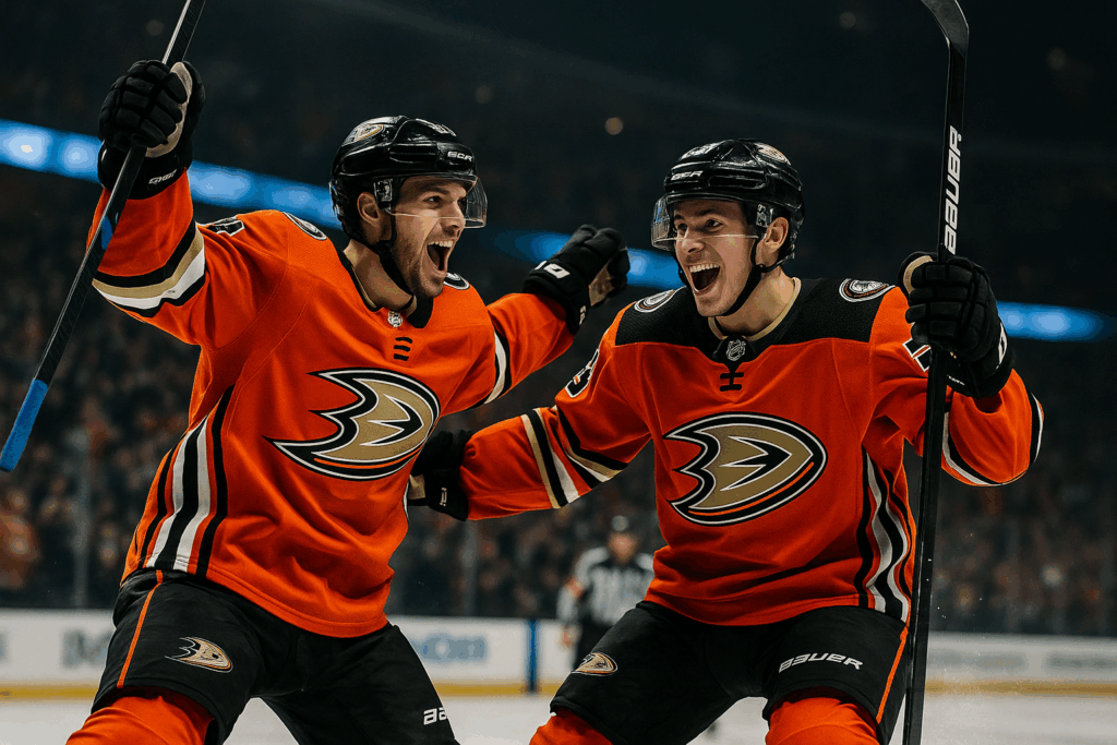 Two Anaheim Ducks hockey players celebrate during a game.