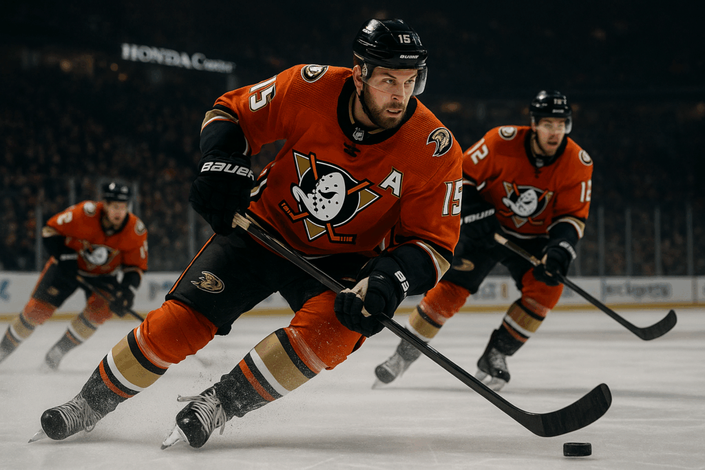 Hockey player in orange jersey skating with puck on ice rink.