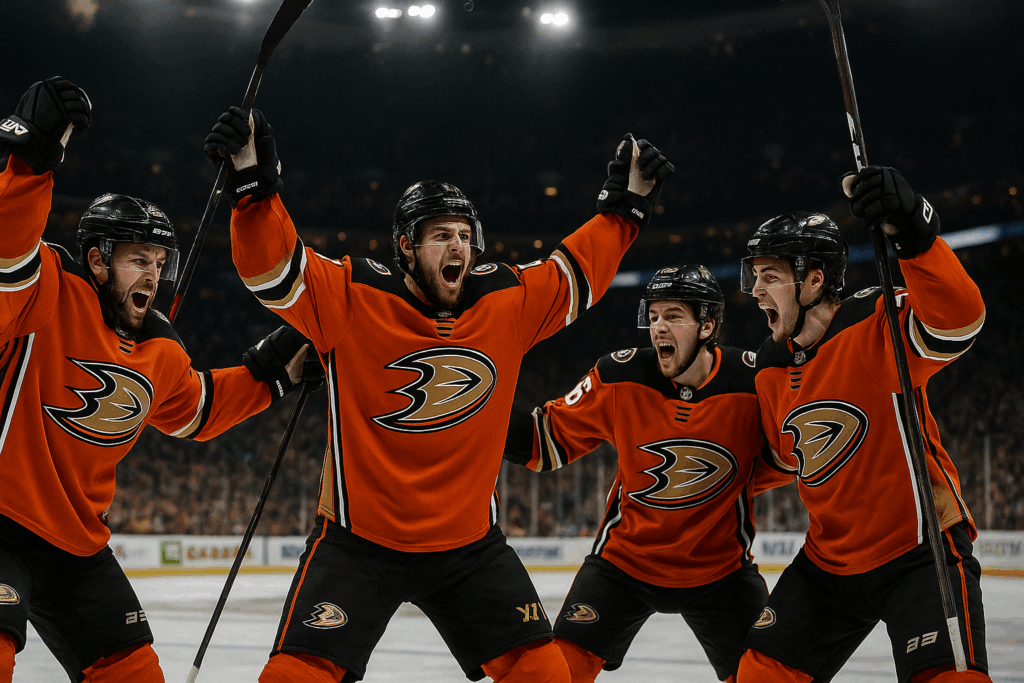 Anaheim Ducks hockey players celebrate a goal with excitement on the ice.