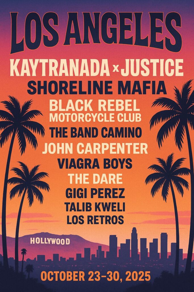 Music festival lineup featuring Kaytranada, Justice, and more.