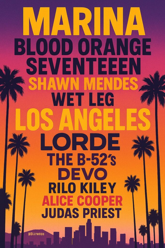 Typography poster featuring names of songs and artists with palm tree silhouettes.