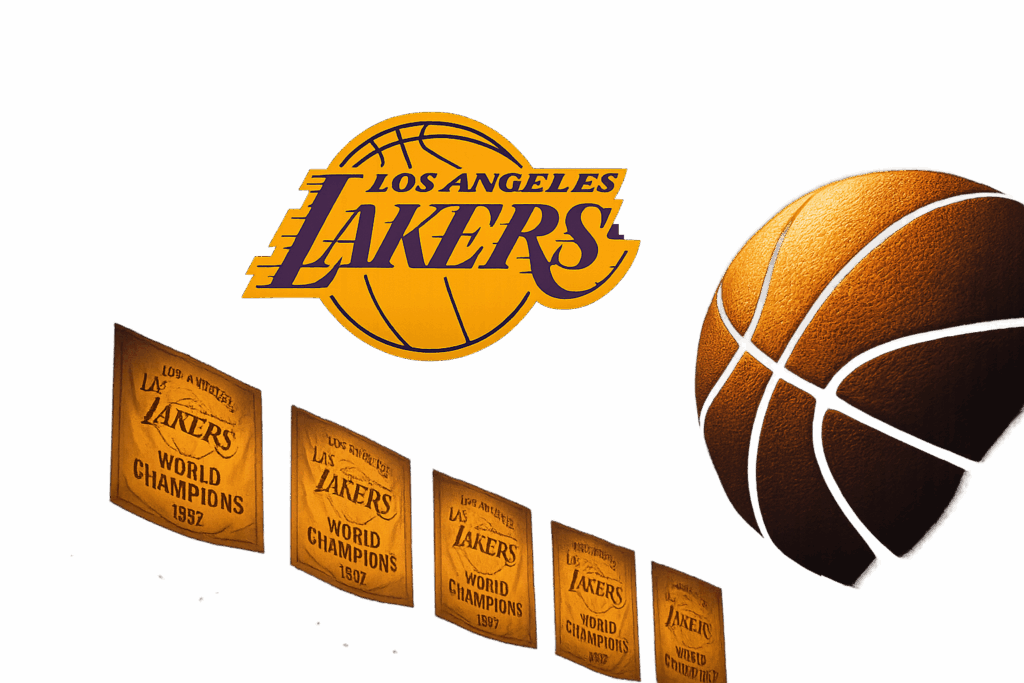 Los Angeles Lakers logo with championship plaques and a basketball.