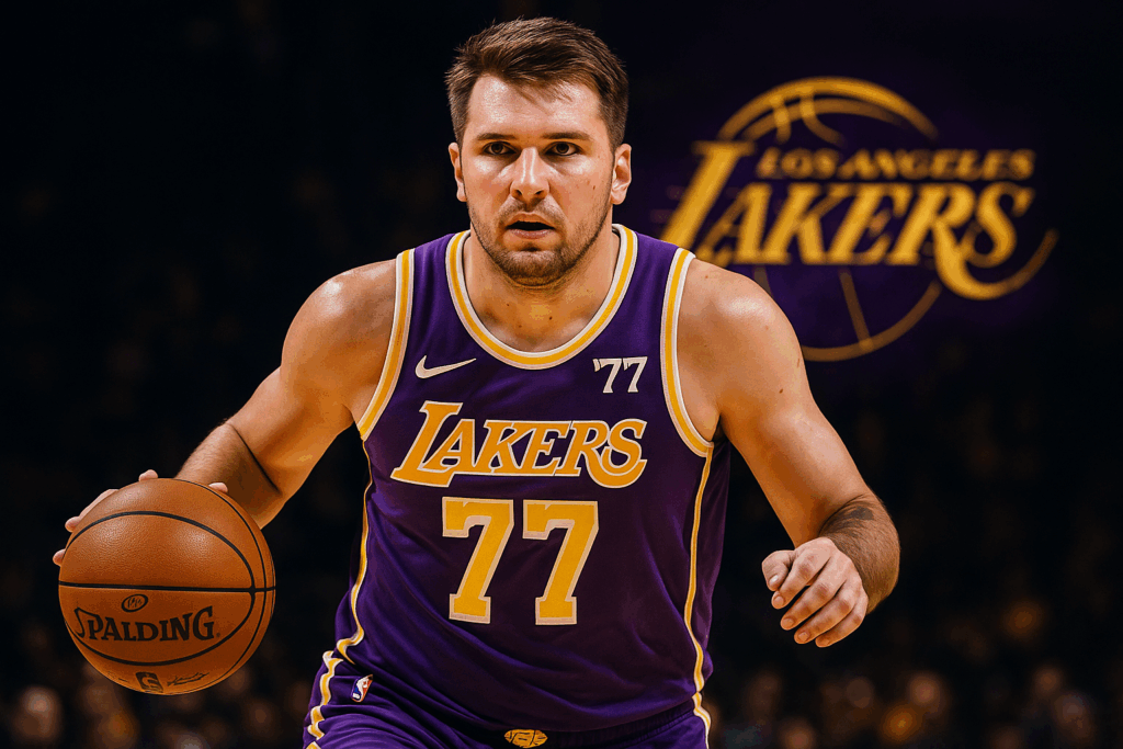 Lakers star Luka Doncic in purple and gold uniform ready for 2025-26 season