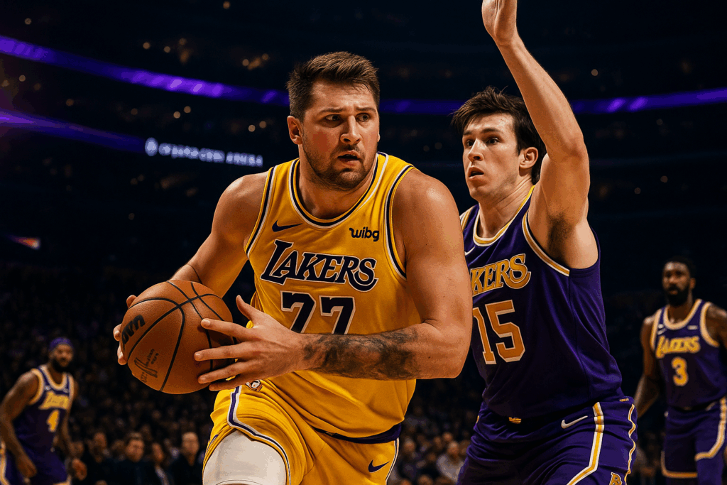 Lakers Nation, Breathe Easy: Preseason Finale Delivers Hope Despite Close Loss Lakers player holding basketball guarded by opponent during game.