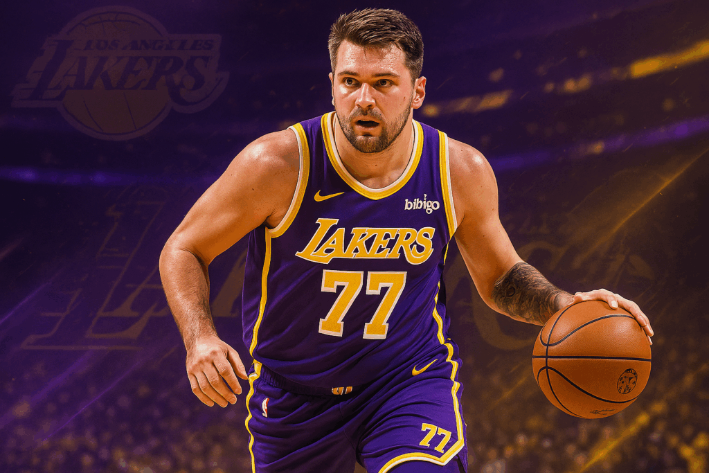 Lakers player dribbling basketball during a game.