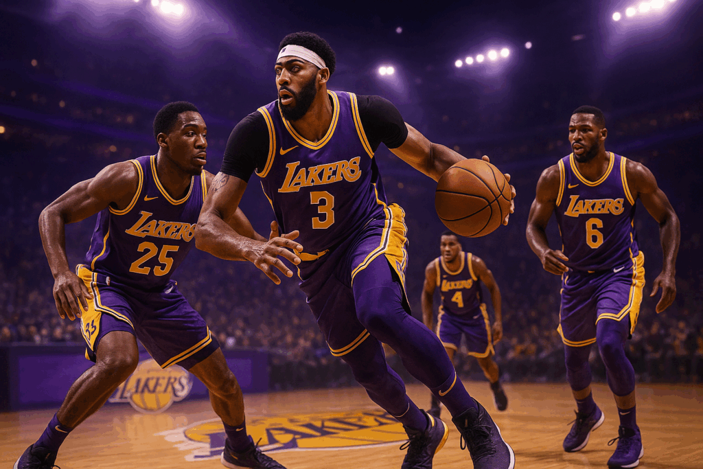 Los Angeles Lakers basketball action with players in purple and gold uniforms