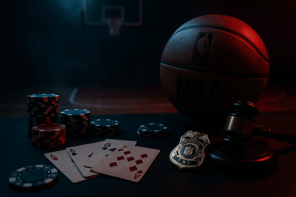 A poker game setup with cards, chips, and a gavel on a dark basketball court.