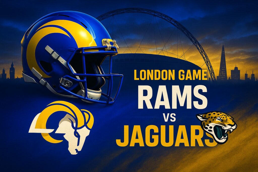 Helmet graphic for London Game: Rams vs Jaguars football match.
