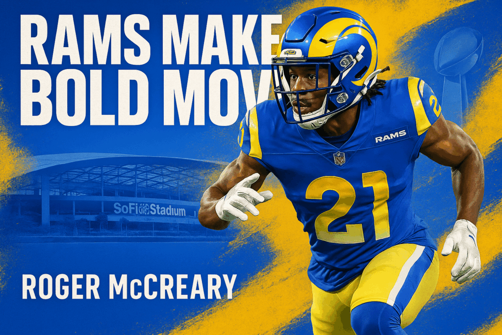 NFL player Jalen Ramsey in Los Angeles Rams uniform during a game.