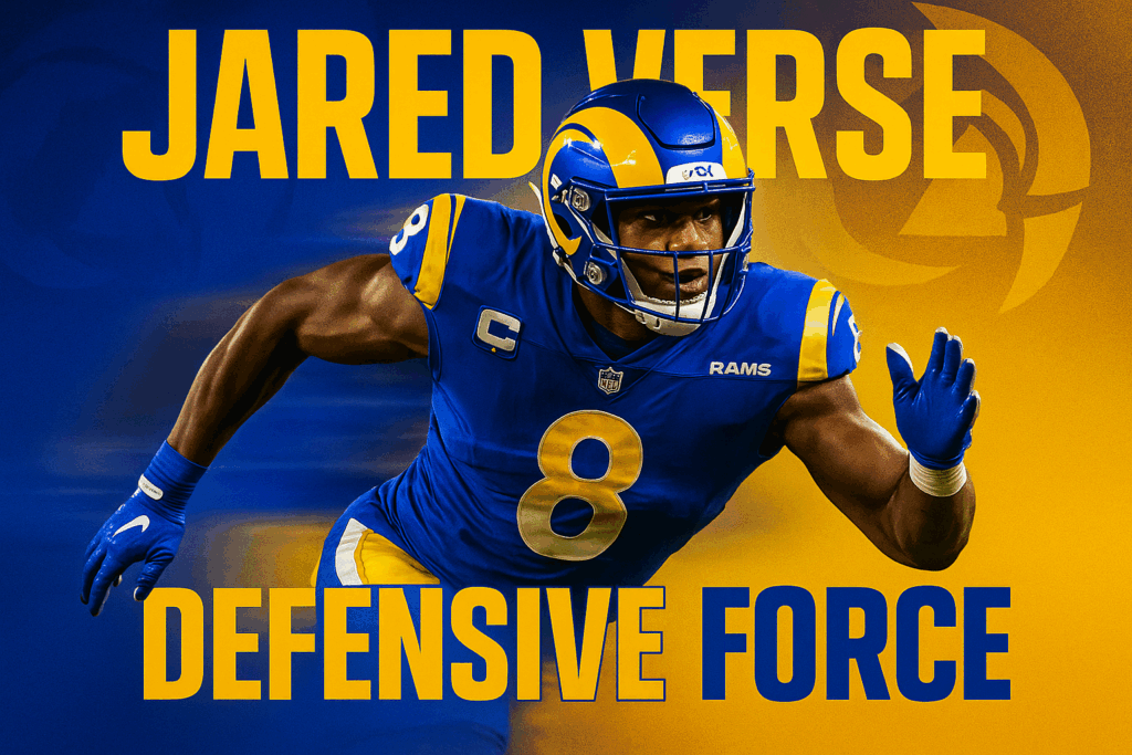 Los Angeles Rams defensive player in action with bold text.