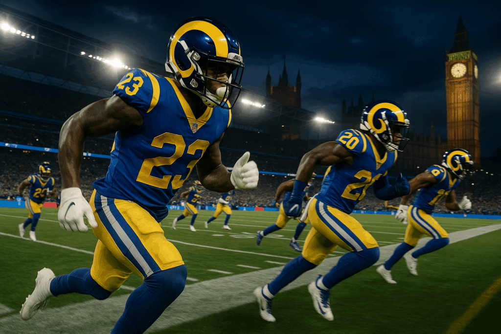 Los Angeles Rams players warming up on the field before a game.