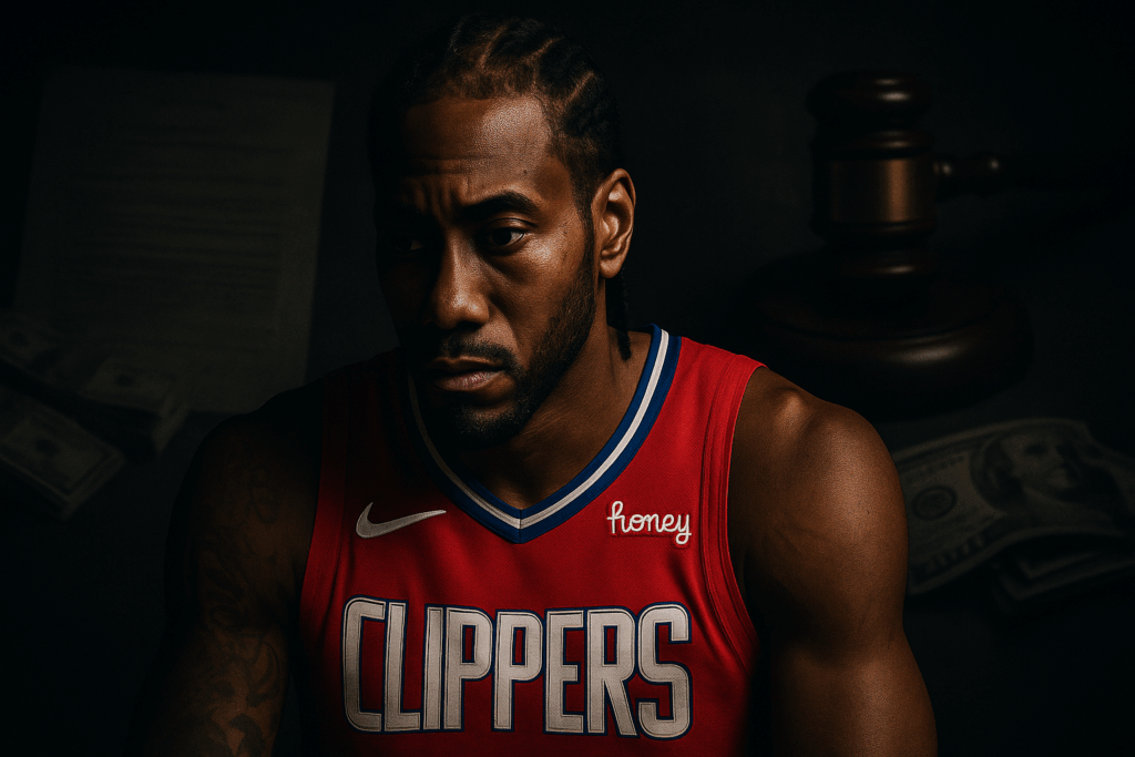 Portrait of a focused basketball player in a Clippers jersey.