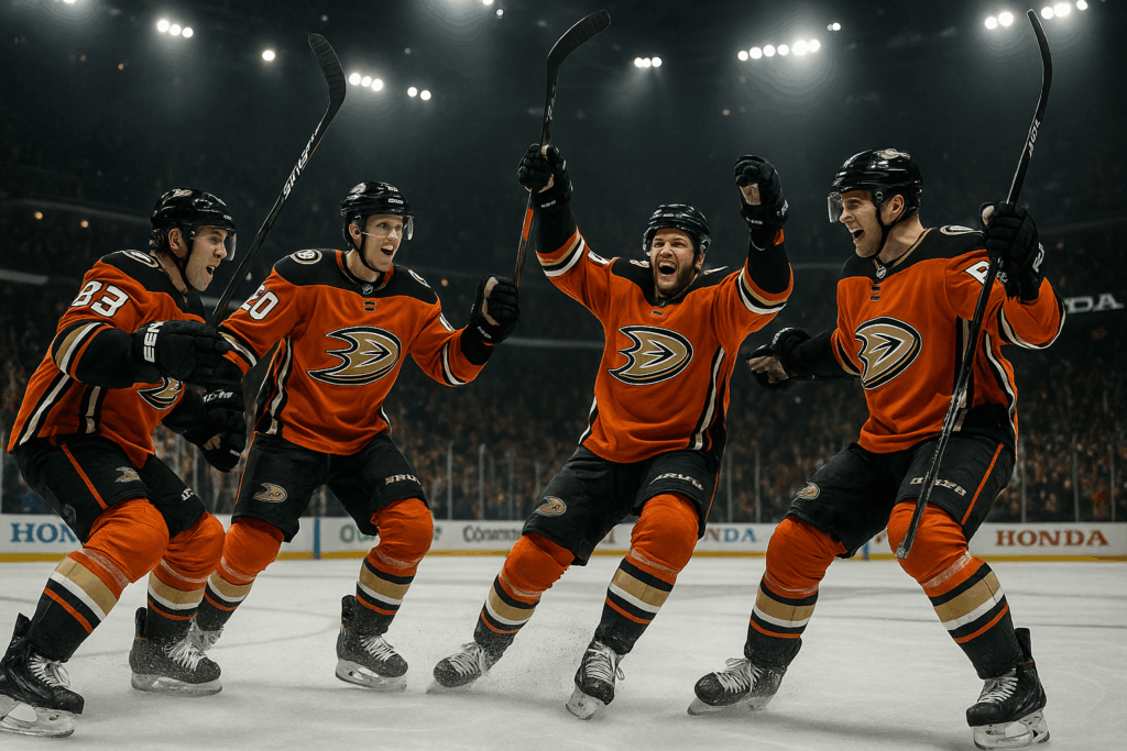 Hockey players in orange jerseys celebrating on ice rink.