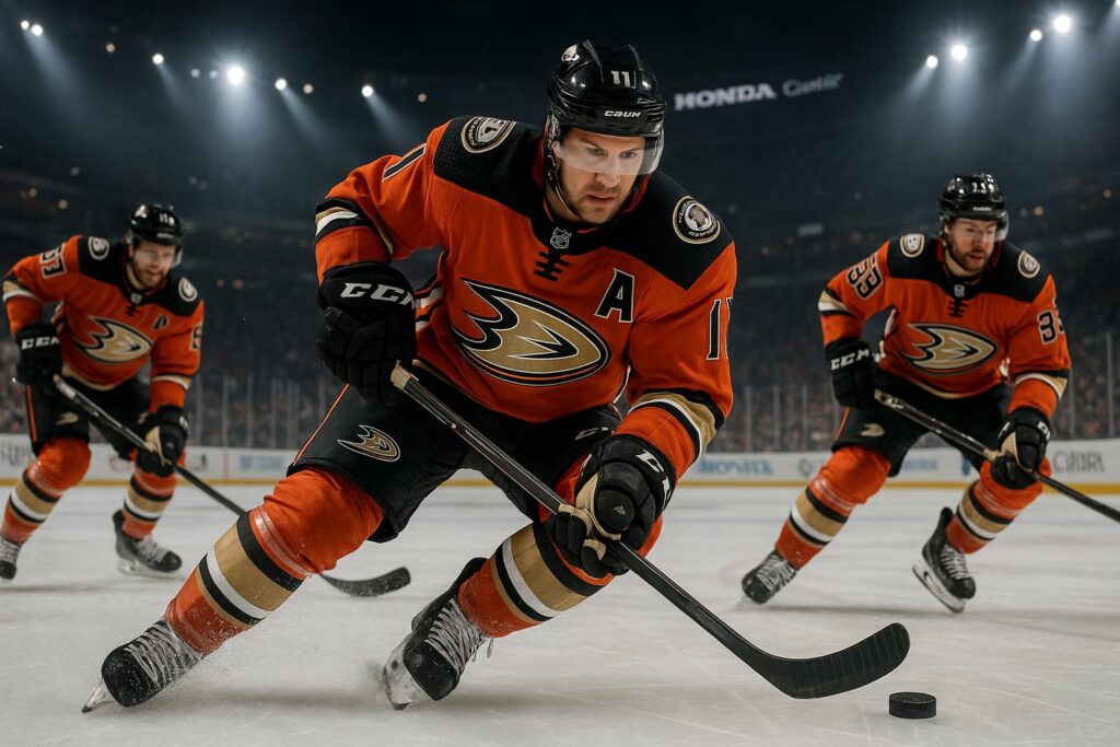Anaheim Ducks hockey player skating aggressively on ice during a game.