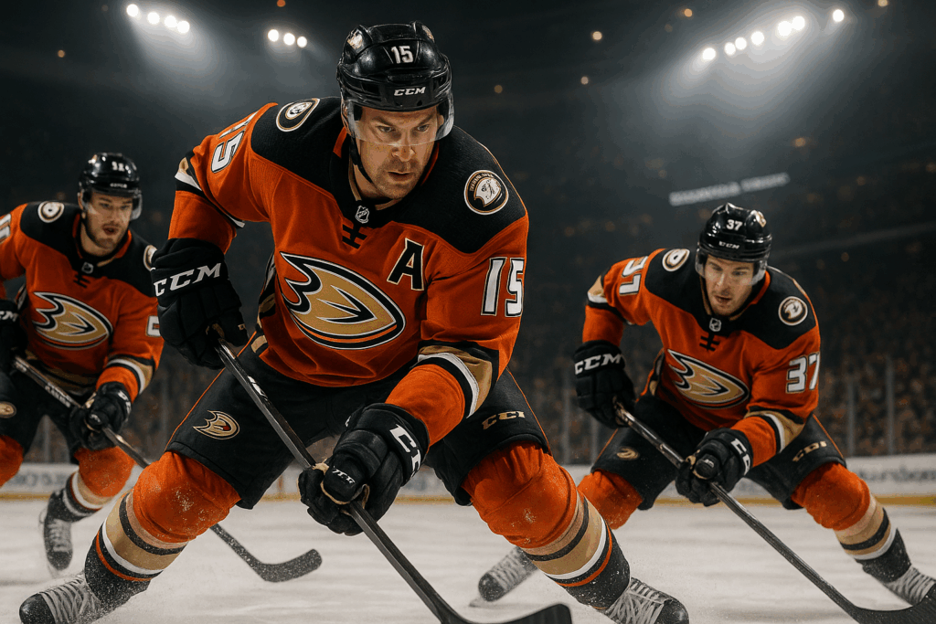 Two Anaheim Ducks players intensely competing on ice during a hockey game.