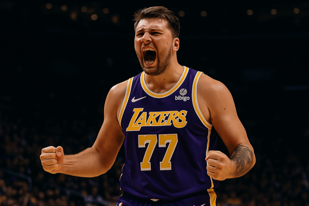Lakers player excitedly celebrates during a game.