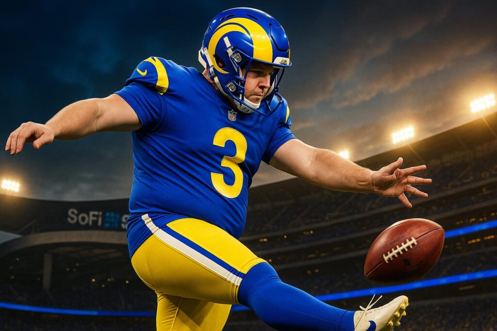 Football player in blue and yellow uniform kicking a ball during a game.