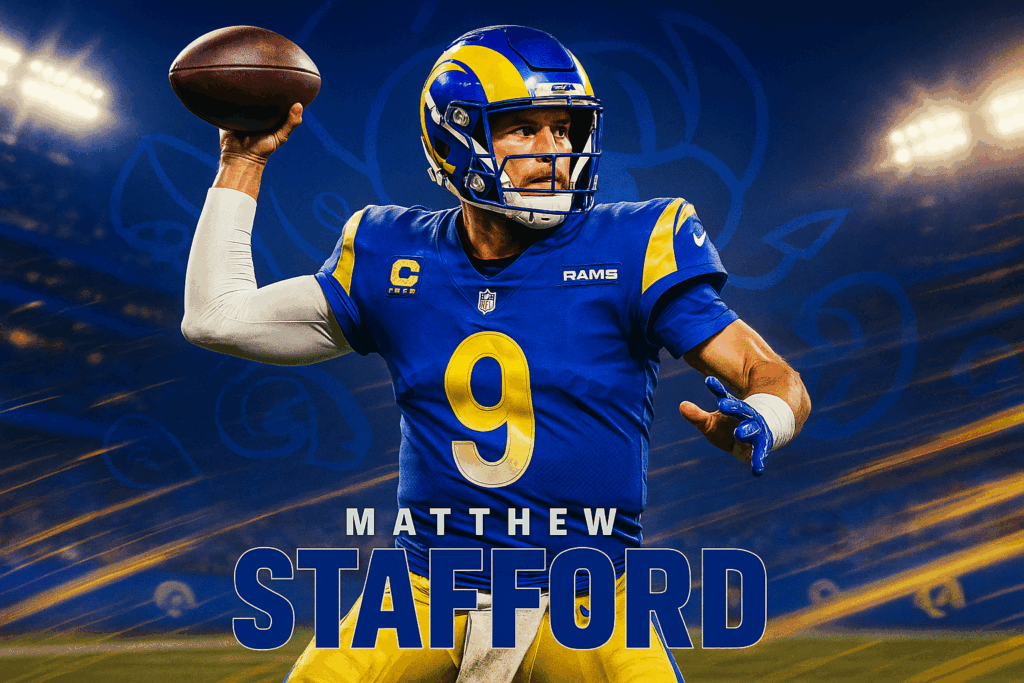 Matthew Stafford in Los Angeles Rams uniform preparing to throw a football.