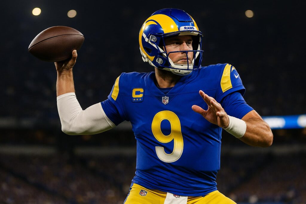 Quarterback in blue and yellow uniform preparing to throw a football.