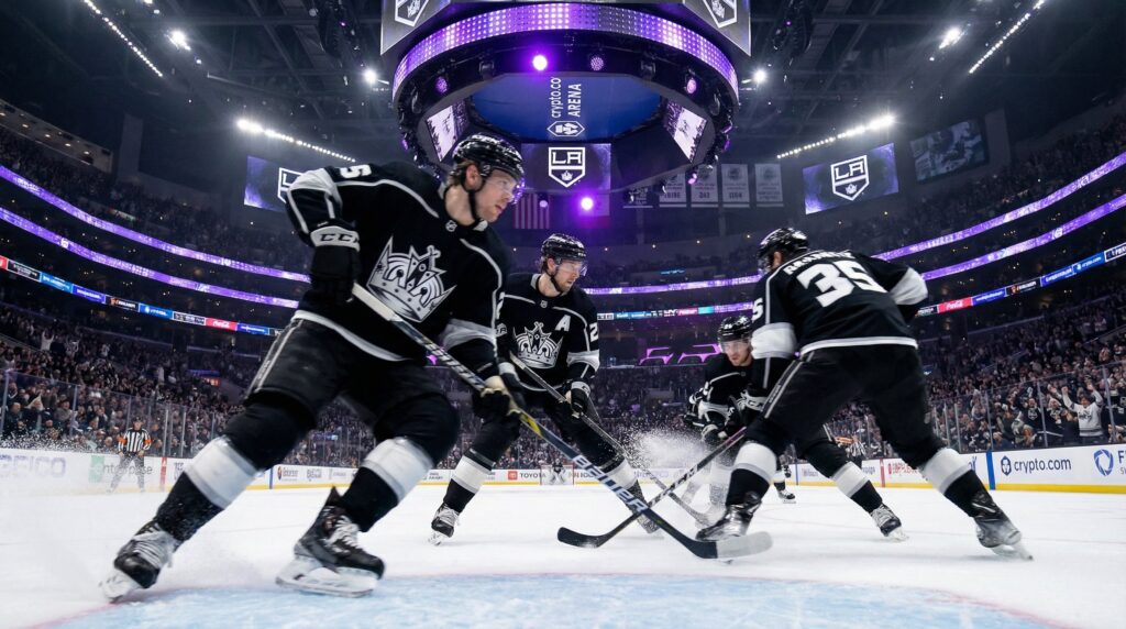 Hockey players in action on the ice.