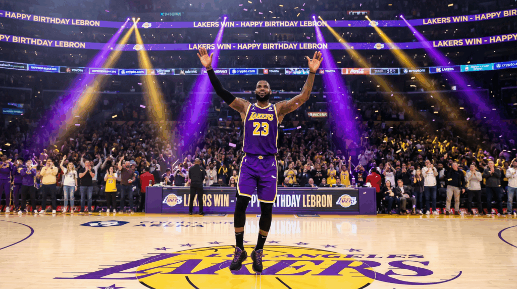 Basketball player celebrating on court, arms raised.