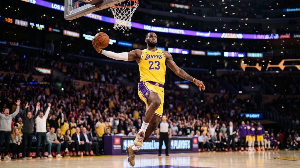 LeBron James dunking in Lakers gold during the 2026 NBA Playoffs against the Houston Rockets at Crypto.com Arena