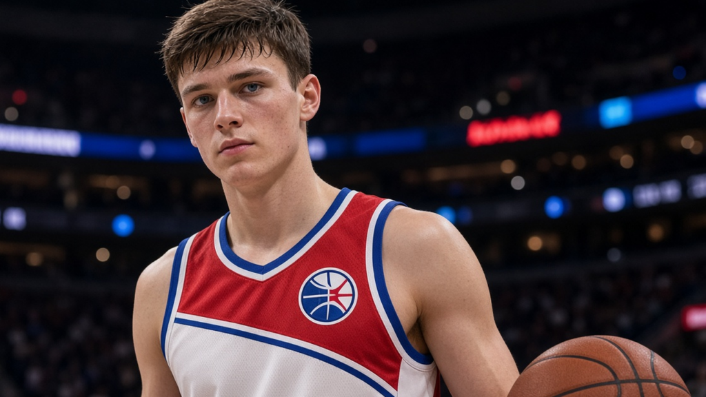 Photoreal LA Clippers player in red-white-blue jersey with Clippers crest, Media Day interim front office story