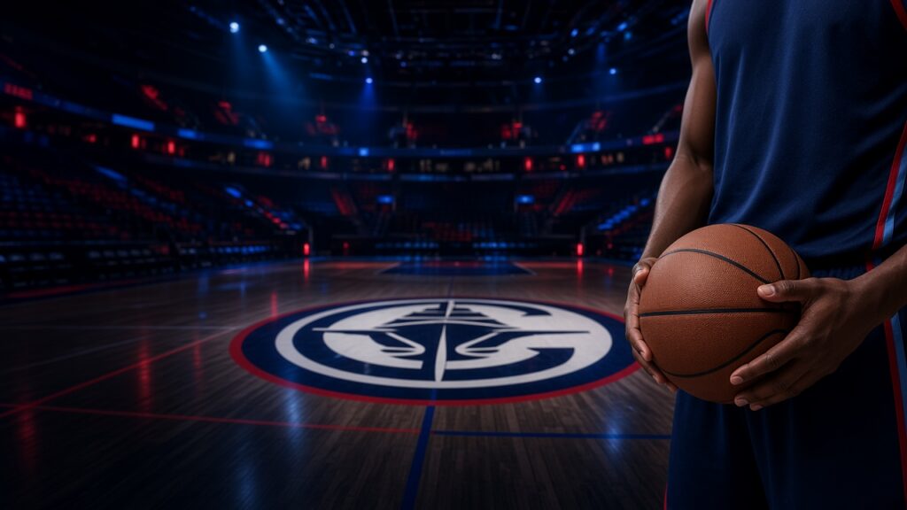 LA Clippers logo at center court with a player in a navy jersey holding a basketball