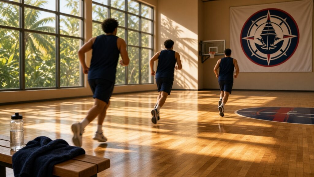 Clippers players in navy practice tops run a fast-break drill in a sunlit Hawaii gym beside a Clippers logo banner