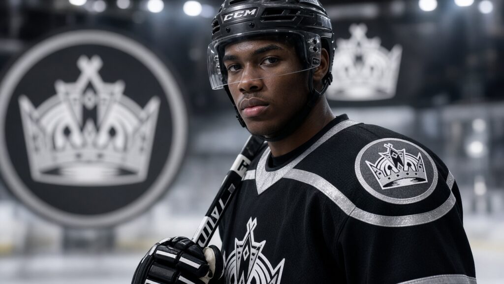 Quinton Byfield in LA Kings jersey with crown logo