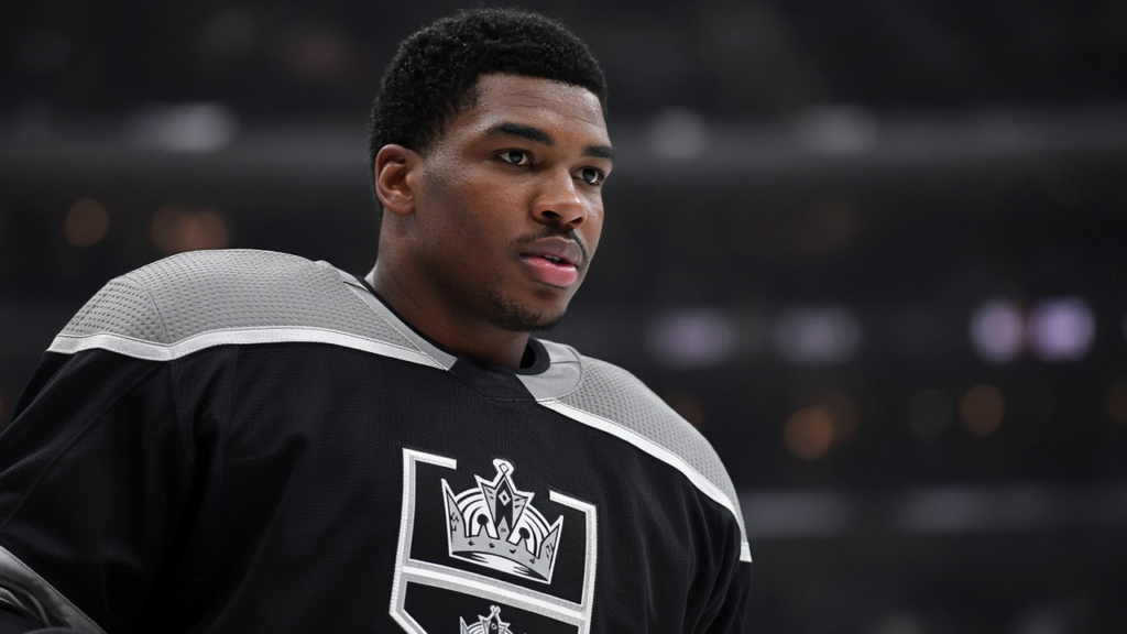 Photoreal LA Kings player in black and silver jersey with crown crest, Opening Night roster story