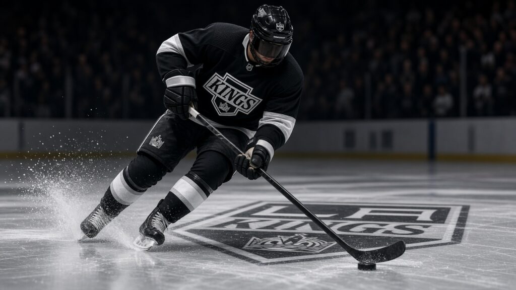 LA Kings player in a black home jersey skating with the puck over the Kings crest at center ice