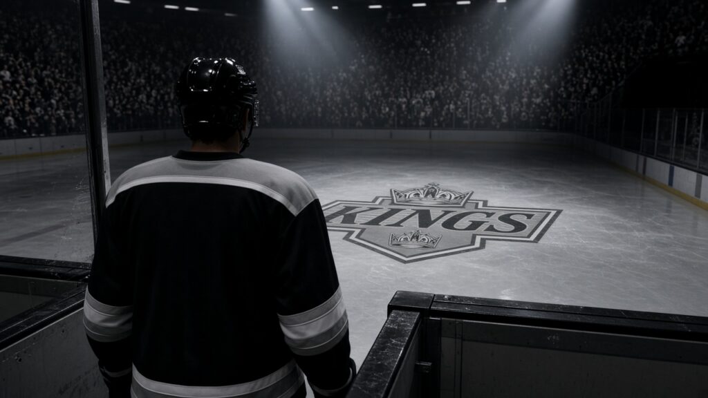 A Kings player in a black jersey looks out from the bench at a spotlit rink with the Kings crest at center ice before the season opener