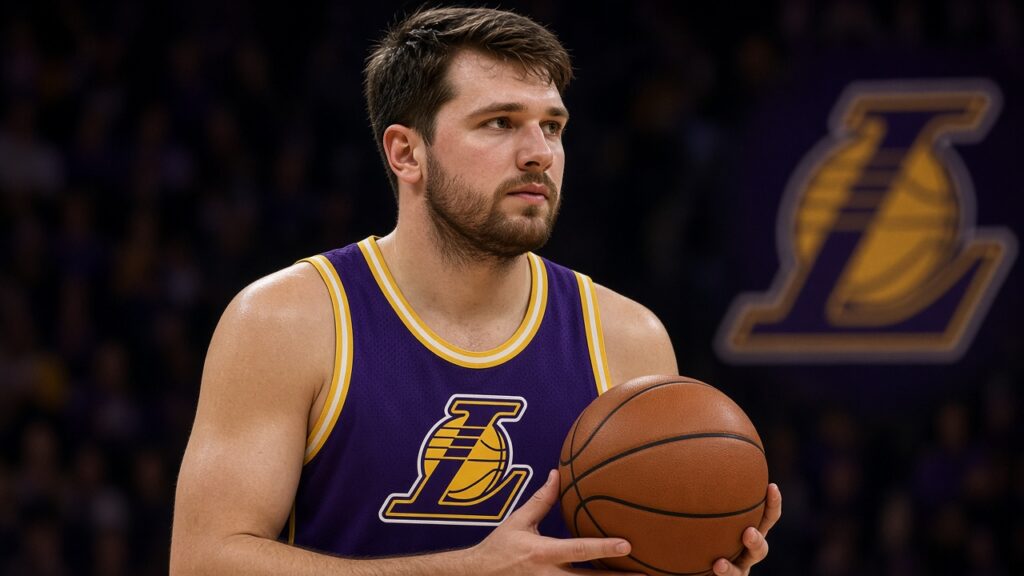 Luka Doncic in Lakers jersey with team logo